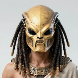 aztec inca cyborg as predator in mask with dreadlocks, by guy denning, sandra chevrier and fintan magee, ismail inceouglu, mystic high contrast, noir, monochorme, red, white, black, gold