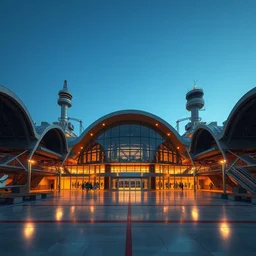 steampunk airport terminal architecture, exterior view, award - winning architectural photography from magazine