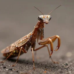 portrait of an anthropomorphic insectoid, predatory praying mantis, brown exoskeleton, flat triangle - shaped head, compound eyes, concept art, deep focus, fantasy, intricate, highly detailed, digital painting, artstation, matte, sharp focus, illustration, art by marc simonetti