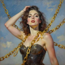 modern oil painting, portrait of a beautiful woman breaking free of her gold chains, in the sky, cinematic lighting, establishing shot, surrealist, pop art