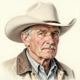 high quality high detail pencil drawing by norman rockwell, hd, close up portrait, old cowboy, muted pastel colors, photorealistic lighting