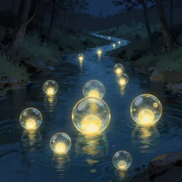 glowing glass orbs floating down a river, evocative, mystical night, smooth, sharp focus, detailed, award winning, trending on artstation, artwork by moebius