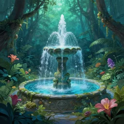 immortality fountain, well, in the jungle. bloom, blue green lighting. fantasy, digital painting, hd, detailed.