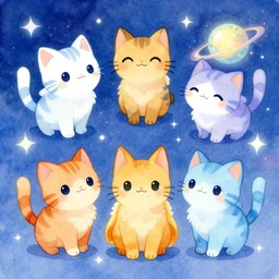 cute galactic space kittens, painted in bright water colors