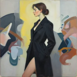 lady in black coat, seductive confident pose, medium shot, asymmetrical, profile picture, organic painting, sunny day, matte painting, bold shapes, hard edges, street art, trending on artstation, by huang guangjian and gil elvgren and brom