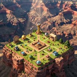 aerial isometric view of a great canyon filled with resources, art from a resource gathering game