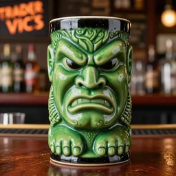 a closeup photorealistic photograph of a glossy angry hulk style tiki mug sitting at a trader vic's bar with hulk's face on it. tiki theme. green with black rim. bright scene. fine detail. this 4 k hd image is trending on artstation, featured on behance, well - rendered, extra crisp, features intricate detail, epic composition and the style of unreal engine.