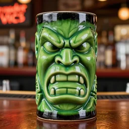 a closeup photorealistic photograph of a glossy angry hulk style tiki mug sitting at a trader vic's bar with hulk's face on it. tiki theme. green with black rim. bright scene. fine detail. this 4 k hd image is trending on artstation, featured on behance, well - rendered, extra crisp, features intricate detail, epic composition and the style of unreal engine.
