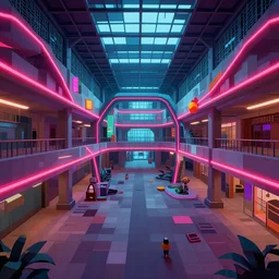 abandoned mall with neon lights from a ps 1 game, low poly graphics