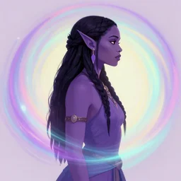 side portrait, lupita nyong'o, orc druid shaman, purple skin, gloomhaven, luminescent, colorful swirly magic ripples, pastel colors, by greg manchess, huang guangjian, gil elvgren, sachin teng, greg rutkowski, jesper ejsing, ilya kuvshinov