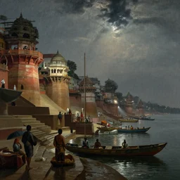 The ghats of Varanasi on a monsoon midnight in the 24th century, by Canaletto, trending on ArtStation, masterpiece