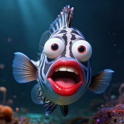 A crazy zebra fish with big lips and red lipgloss swimming in Alcatraz, stunning digital art, high detail, in the style of artgerm, artstation, cgsociety, dramatic lighting, pixar, octane render