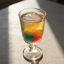 colorful beverage in intricately shaped glass, bright evening sunlight lighting, overhead view.