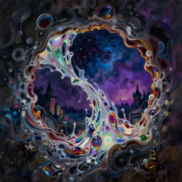 a hype realistic surreal painting of sorcery that is igniting melting glass flowing through a hole to another twilight zone dimension, painted by greg rutkowski, masterpiece, 4 k, 8 k, beautiful lighting, epic