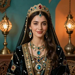stunning awe-inspiring portrait of a lady in traditional Armenian attire, wearing highly detailed jewelries and ornaments, by Da Vinci and Picasso, beautiful face, beautiful portrait lighting, teal and orange colored background with traditional lampstands and furnitures, artstation, smooth portrait