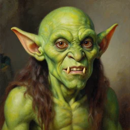 Green-skinned goblin with fangs. Extremely high detail, details, realistic, masterpiece, colorful. Portrait painting by Arthur Rackham, Eugene de Blaas, Frederic Leighton