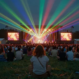 wes anderson cinemetography, artist on stage, music festival, mosh pit, flames, spotlights, colorful laser lights, outdoors, grass, crowd of fans, a star is born movie, woodstock