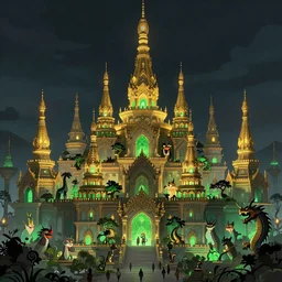 Legendary Biringan city at night with tall gilded towers, green lights, populated by Filipino mythological creatures, concept art, artstation