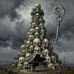 anime key visual of grimdark tower of skulls, at the base of the tower of skulls is a grand piano, overcast and rainy, in the style of jamie wyeth james gilleard edward hopper greg rutkowski acrylic painting, oil on canvas, preserved museum piece, historical