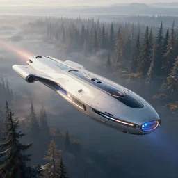 futuristic luxury long spaceship designed by apple flying over the tundra forest art by greg rutkowski and paul ozzimo artgerm, epic fantasy sci - fi volumetric light specular light lumen reflections clear focus detailed unreal engine digital art trending on artstation deviantart octane render