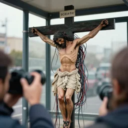 a perfect technicolor photograph of a man crucified to a bus shelter, his head has been replaced with a sprawling mess of wires and tubes. there is a photographer taking close up pictures of his neck.