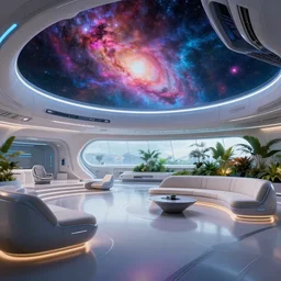 ultra modern concept design of a vast spaceship interior, futuristic chairs and sofas can be seen in the foreground, a large colorful nebula can be seen from a window, large plants in the background, in the style of Guardians of the Galaxy and Blade Runner and Ruan Jia, wide angle shot