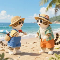 anthropomorphized cats wearing summer clothes having fun at the beach, art nouveau