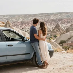 a picture of a couple standing beside their car overlooking cappadocia. they have their backs to us and are watching the sunset.