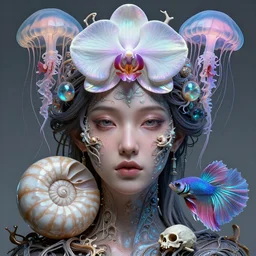 goddess close-up portrait. dichroic orchid jellyfish phoenix head, nautilus, skull, betta fish, bioluminiscent creatures, intricate artwork by Tooth Wu and wlop and beeple. octane render, trending on artstation, greg rutkowski very coherent symmetrical artwork. cinematic, hyper realism, high detail, octane render, 8k