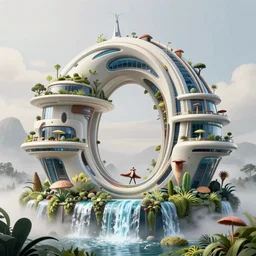 highly detailed futuristic architecture by zaha hadid and salvador dali, in the style of pixar animation, stylized vegetation, ground - level view, waterfalls, foggy atmosphere, stunning sunny lighting, sunrise, vivid colors, trending on artstation, 8 k, matte painting, ray tracing, hyper detailed, unreal engine 5, cinematic, epic lighting, cryengine, octane render, cyberpunk, red and orange glow, vibrant