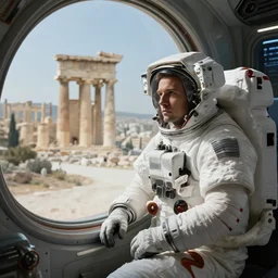 a futuristic male astronaut looking at ancient renaissance athens through a time travel spaceship luxury window, scifi, by wlop, peter mohrbacher, jakub rebelka, visually stunning, beautiful, masterpiece
