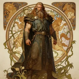 painted portrait of rugged norse god, long hair and beard, masculine, mature, mountain vines, handsome, imposing, body hair, full body, burly, robe, fantasy, intricate, elegant, extremely detailed digital painting, trending artstation, concept art, sharp focus illustration art by alphonse mucha, greg rutkowski, craig mullins