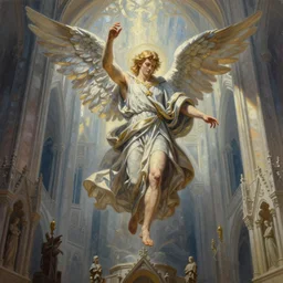 archangel Michael descending into a beautiful cathedral, glorious lighting, strong composition, insanely detailed acrylic painting, glorious lighting