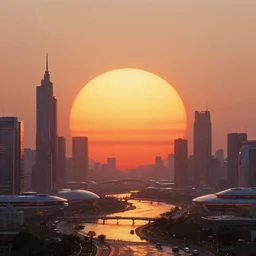 a giant sun, sunset with futuristic city under sun, futuristic lanscape, cyberpunk art by ilya kuvshinov, denis villeneuve, instagram contest winner, retrofuturism, synthwave, retrowave, darksynth