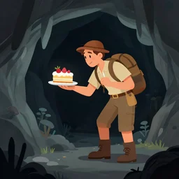 an adventurer finding a cake in a dark mysterious cave, digital art