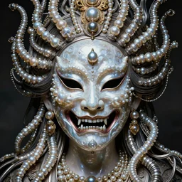 hyperrealism, detailed textures, award winning autochrome portrait photo, symetrical japanese pearl beautiful medusa queen autochrome pearl portrait, pearl silverplate, intricate, detailed facial pearl scary animal mask, pearl, golden jewelery, silverplate, ultra realistic, cinematic, intricate, cinematic light by steve mccurry, unreal engine 8 k