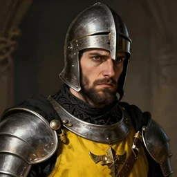 Closeup of frustrated male medieval sergeant with a {short} beard and short black hair wearing a black!!!! and yellow tabard over a steel breastplate and a black gambeson no no no no no helm, intricate, dramatic lighting, illustration by Greg Rutkowski, ArtStation, digital art, fantasy