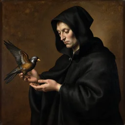 goblin in black hooded cloak holds hand over bird, renaissance painting