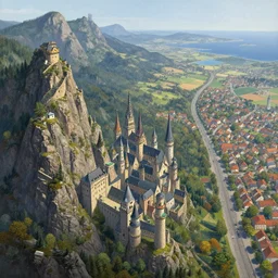 an ultra detailed matte landscape painting of an german renaissance capital city built into the side of a mountain with many tall spirally towers, sweeping vista, a large highway leading to tiny coastal fishing village very far away, ultrawide lens, aerial photography, 8 k, volumetric lighting, smooth, highly detailed, digital illustration, art by greg rutkowski and akira toriyama and artgerm