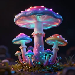 colorful beautiful psychedelic glowing mushrooms, volumetric dramatic light, dark black background, sharp focus, highly realistic, octane render, art by greg rutsowski
