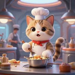 a cute cooking cat, highly detailed, hyper realistic, artstation, cheerful, utopia, scifi, futuristic interior, art by ivan laliashvili and nicholas cort and eddie mendoza and edward denton