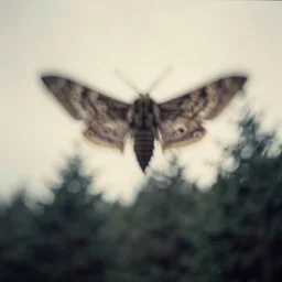 blurry analog photograph of cryptid mothman above the treeline