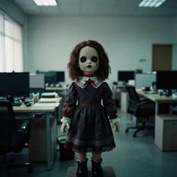 fujifilm superia photo of a scary doll in empty office room, liminal, gloomy, grainy