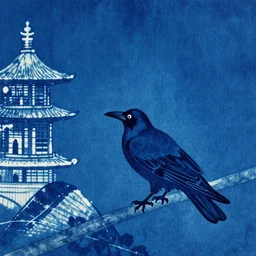 shibori katazome indigo wallpaper depicting an ukiyo - e scene of raven