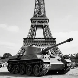 second world war photo of a tank at the eiffel tower, black and white, 8 k, hyperrealistic