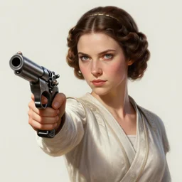 portrait of princess leia, starwars, pistol, upper body, fantasy, intricate, elegant, highly detailed, digital painting, artstation, concept art, smooth, sharp focus, illustration, art by artgerm and greg rutkowski and alphonse mucha