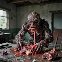 1 9 7 0 s photography, real meat and slimy evil creature in abandoned house
