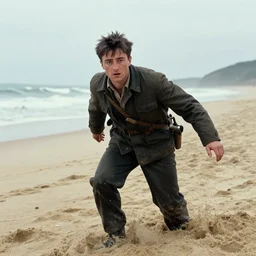 film still of Daniel Radcliffe storming Normandy beach in Saving Private Ryan