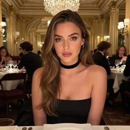 mila kunis sitting across the camera wearing a black choker staring into the camera, point of view, expensive restaurant, intricate, elegance, highly detailed, shallow depth of field, artgerm, donato giancola, joseph christian leyendecker