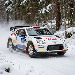 a 2 0 1 0 nissan 3 7 0 z, racing through a rally stage in a snowy forest
